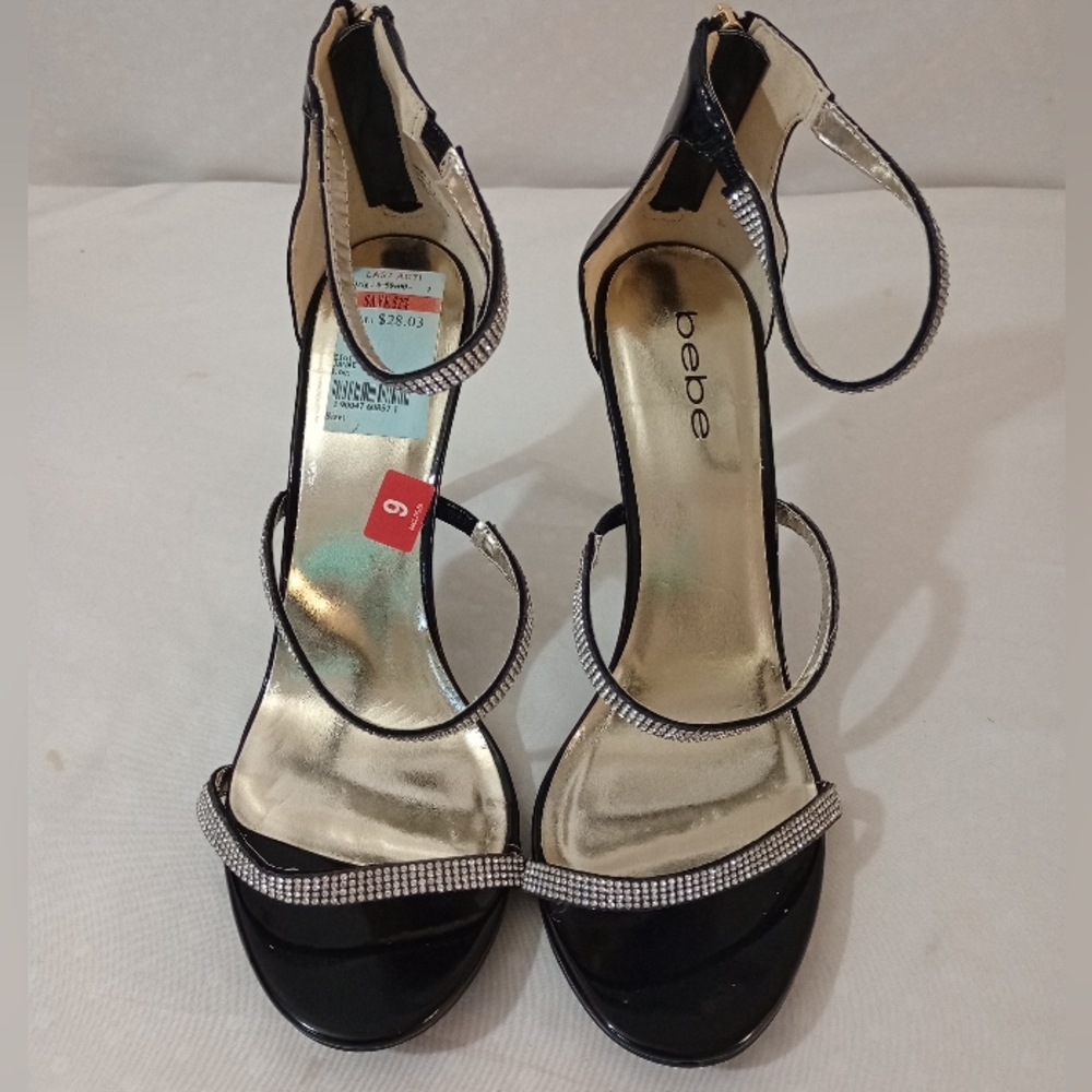 Bebe Black and Silver Janae Dress Shoe  Open Toe Rhinestone
